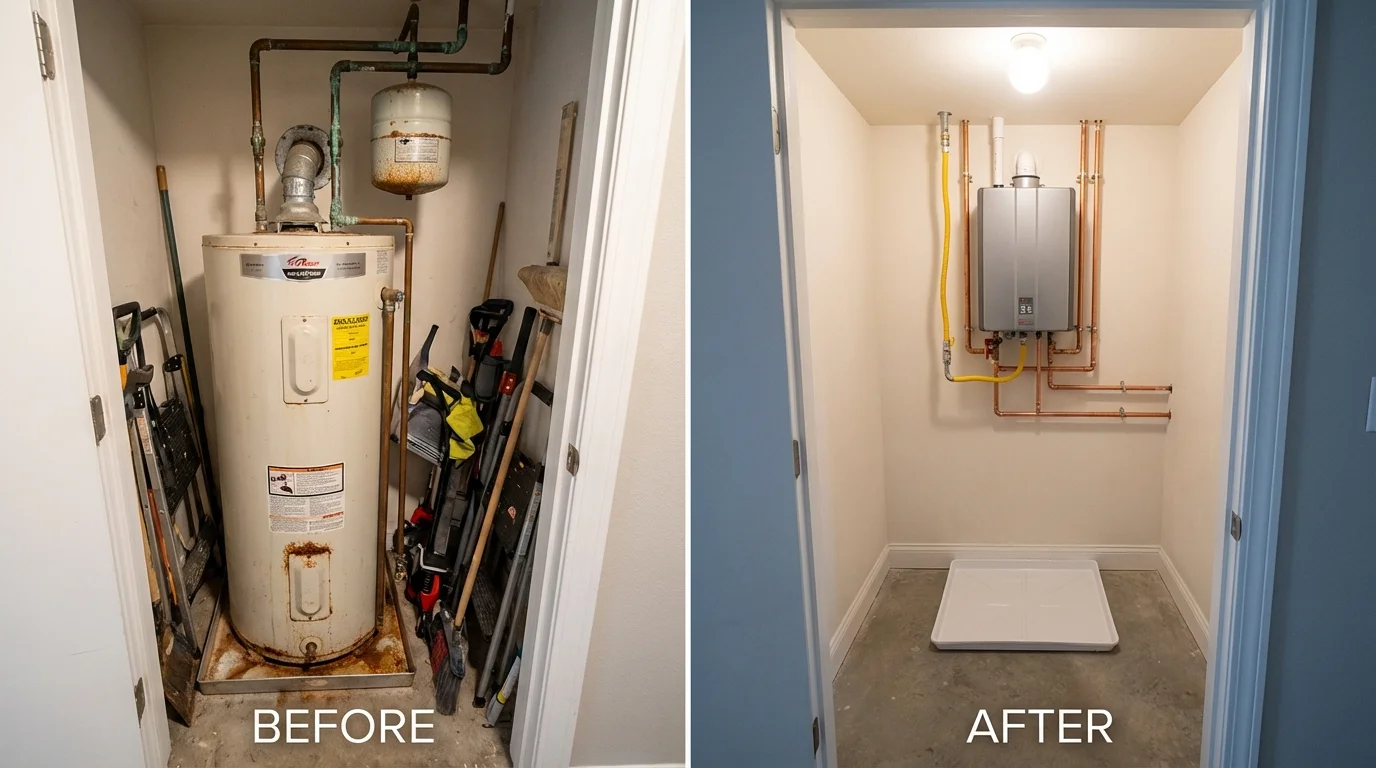 Tank water heater versus wall-mounted tankless unit comparison for Germantown, IL homeowners