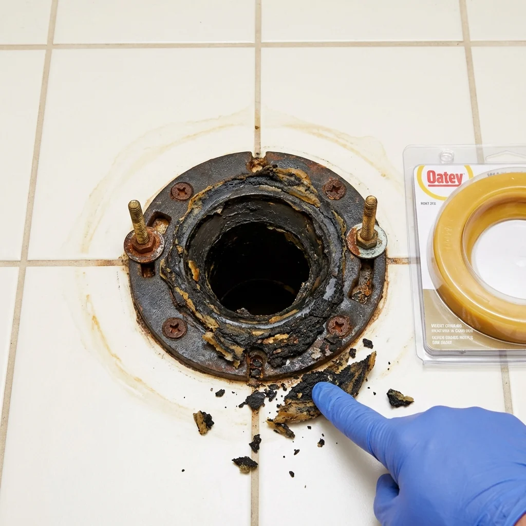 Failed wax ring showing water seepage at the base of a toilet in a Germantown, IL home