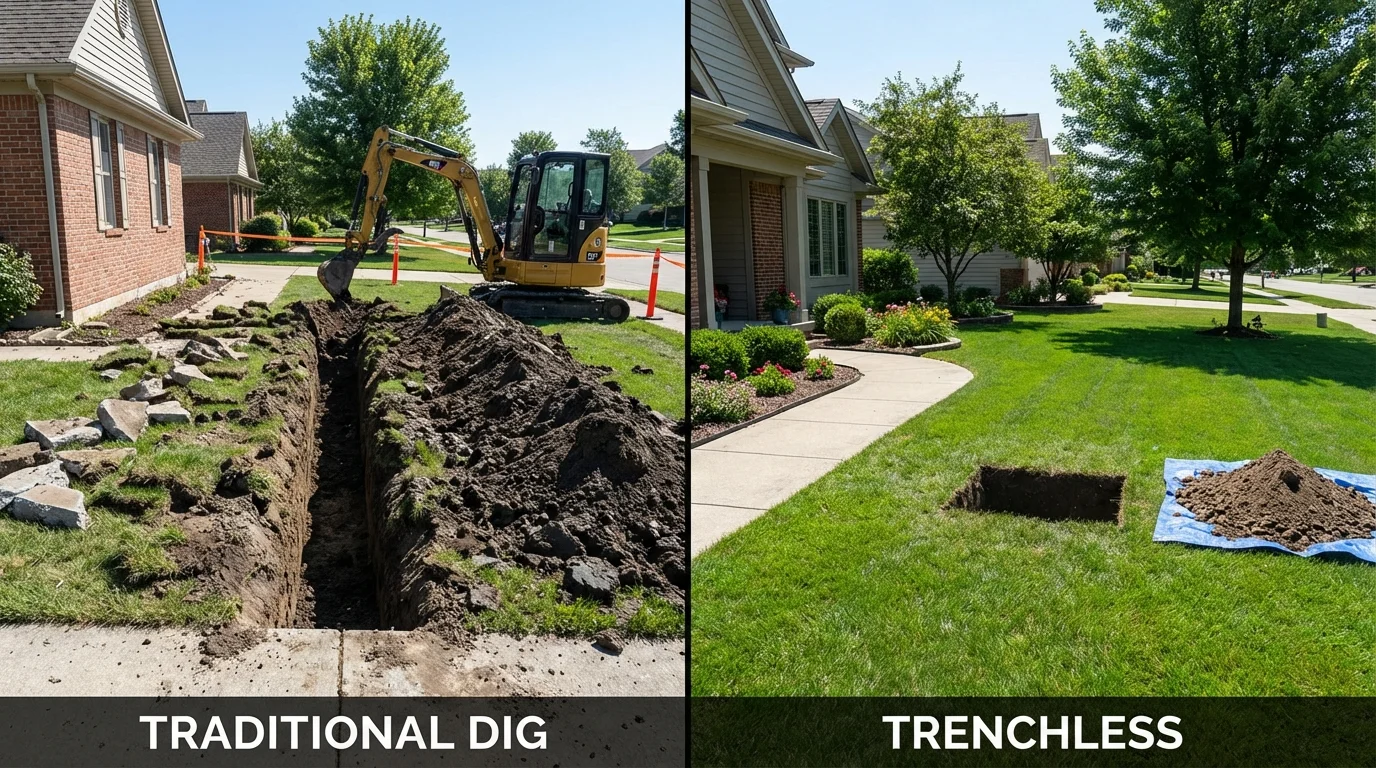 Trenchless sewer repair with minimal yard damage versus traditional excavation in Germantown, IL